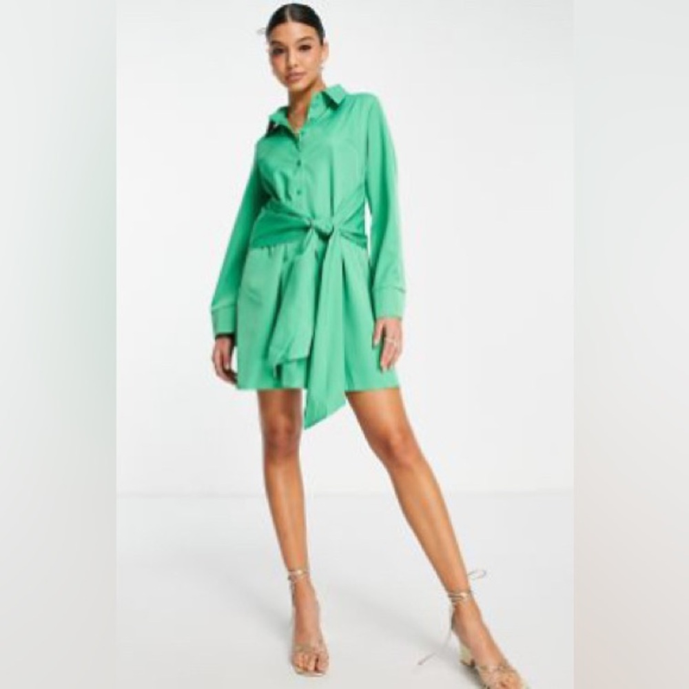 Green Button-Up Shirt Dress with Tie Waist